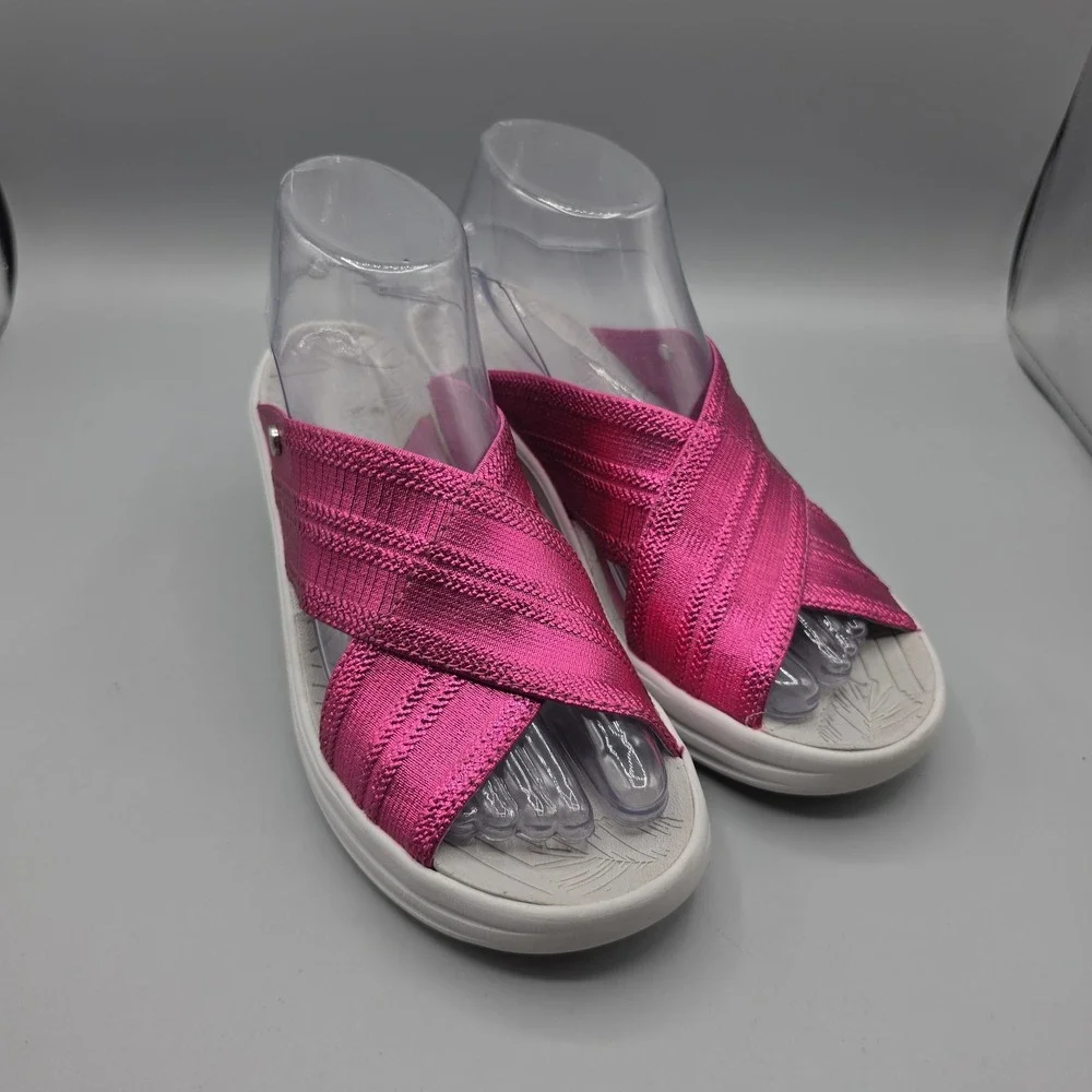 Bzees Sandals Womens 7 M Vista Pink Magenta Metallic Straps Slide Wedge Platform
